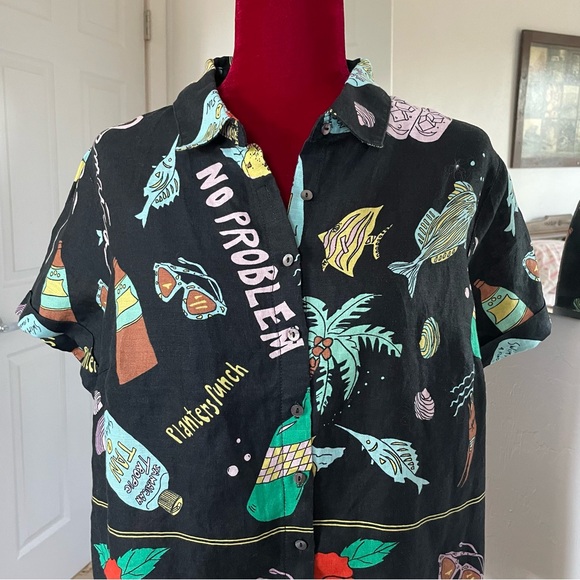 Nicole Miller New York Top 100% Linen Tropical Print Size Large Excellent! - Picture 2 of 11